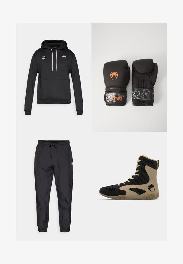 Black pullover hoodie with a kangaroo pocket, white drawstrings, and two logos on the chest. Made from soft, textured fabric.; Black, lightweight jogger pants, featuring an elastic waistband with a drawstring, tapered legs, and subtle textured finish.; High-top athletic shoe featuring a black mesh exterior with beige accents. Textured rubber sole and logo detail on the side.; Black boxing gloves with a matte finish and ergonomic design. Orange logo detailing and camouflage-patterned wrist straps.
