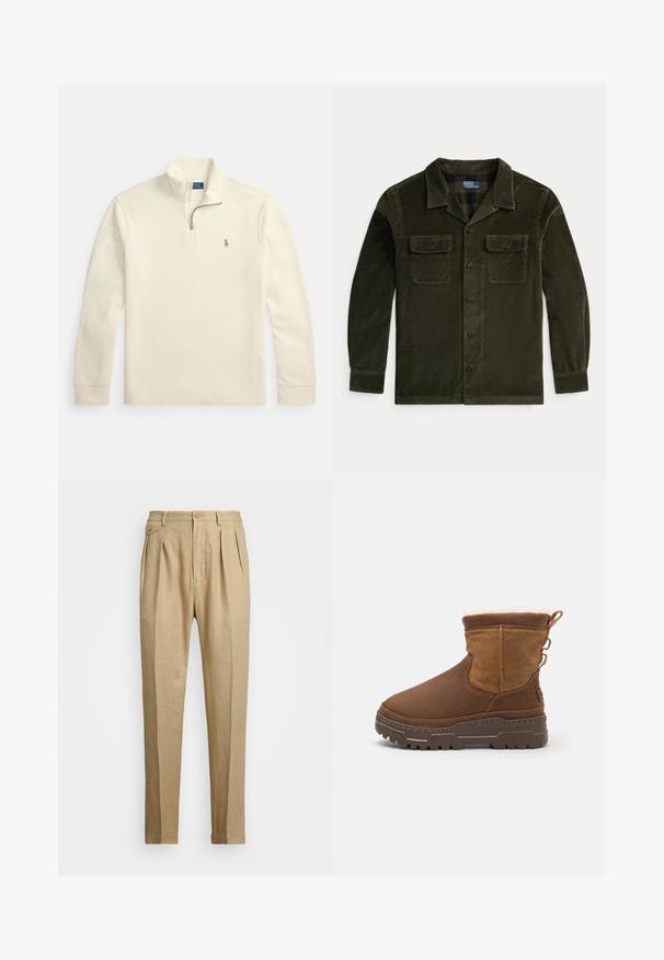 Kremfärgad långärmad pullover med kvartszip och liten broderad polo-spelarlogotyp på vänster bröst.; Mörkgrön cordjacka med långa ärmar, två bröstfickor och knäppning. Har en klassisk krage och horisontell ribbad textur.; Beiga linnbyxor med rak passform, med två framveck, knappstängning och sidofickor. Strukturerad tyg med en mjuk yta.; Bruna mockaskinnsankelstövlar med en mjuk pälsfoder, en robust gummisula och dekorativa sidöglor för enkel användning. Texturerad finish på ovansidan.