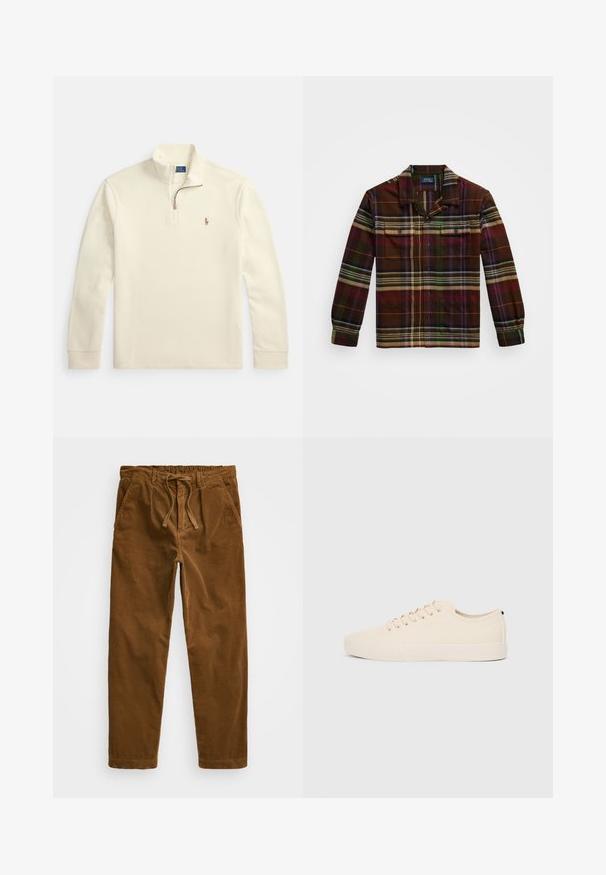 Pulover dolgega rokava barve smetane z zadrgo do četrtine in majhno vezeno logotipom igralca polo na levi strani prsnega koša.; Karirana srajca z dolgimi rokavi v temno rjavi barvi, s pozitivnimi zelenimi, vijoličnimi in oranžnimi črtami, dvema žepoma na prsih in ovratnikom na gumb.; Kavbojke iz rjave kordurojske tkanine z elastičnim pasom in vrvico, stranskimi žepi ter ravnimi nogami z teksturiranim rebrastim vzorcem.; Bež platneni športni copati z okroglo konico, ravnim gumijastim podplatom in vezalkami spredaj. Imajo minimalističen dizajn in kontrastni črn akcent na peti.
