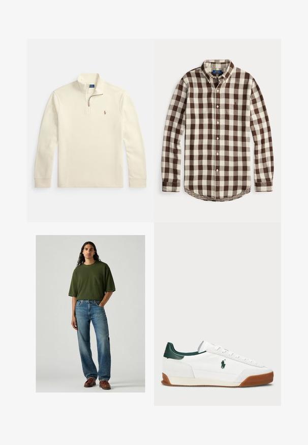 Kremfärgad långärmad pullover med kvartszip och liten broderad polo-spelarlogotyp på vänster bröst.; Långärmad skjorta med knappar och rutigt mönster i brunt och gräddvitt, knäppt krage och diskret broderad logotyp på bröstet.; Grön kortärmad t-shirt med bröstficka, kombinerad med ljusblå denimjeans. Modellen står i bruna skor på en grå bakgrund.; Vita sneakers med gröna läderdetaljer och en tan-färgad gummisula. Har en tygkropp och en framträdande logotyp på sidan. Snördesign.