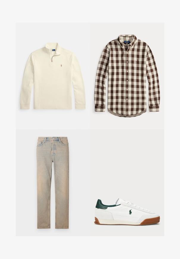 Camisola de manga comprida cor creme com fecho de correr até um quarto do comprimento e pequeno logótipo bordado de jogador de polo no lado esquerdo do peito.; Camisa de manga comprida com padrão xadrez castanho e creme, gola fechada com botões e logotipo subtil bordado no peito.; Jeans de ganga beije claro com corte reto. Apresentam cinco bolsos, um fecho com botão e um desgaste subtil ao longo da superfície do tecido.; Sapatilha branca com detalhes em pele verde e sola em borracha bege. Apresenta um corpo em tecido e um logótipo proeminente na lateral. Design com atacadores.