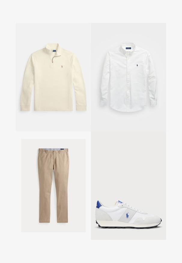 Krēmkrāsas garām piedurknēm pulovers ar ceturkšņa rāvējslēdzēju un mazu izšūtu polo spēlētāja logotipu kreisajā krūšu daļā.; Balts krekls ar pogām, kas izgatavots no kokvilnas. Iezīmēts ar uzgaļa tipa apkakli, garām piedurknēm un mazu tumši zilu logotipu uz krūtīm. Gluda tekstūra.; Khaki chinos ar taisnu kāju dizainu, izgatavoti no kokvilnas auduma. Ietver drošu priekšējo pogu aizdari un jostas cilpas.; Baltas sporta apavi ar pelēku zamšādas akcentu, sieta augšdaļu, zilu papēža cilpu un melnu gumijas zoli. Iespējams, ir auklu aizdare un logo.