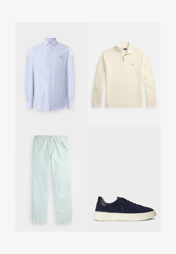 Camisola de manga comprida cor creme com fecho de correr até um quarto do comprimento e pequeno logótipo bordado de jogador de polo no lado esquerdo do peito.; Camisa de botão às riscas azul e branca, com colarinho, mangas longas e um pequeno logótipo bordado no peito. Tecido de algodão.; Calças azul claro, de corte descontraído, com um cós elástico, apresentando bolsos laterais e um fecho de botão único na frente.; Sapatilha baixa em camurça azul-marinho com uma superfície texturizada, sola de borracha e atacadores tonais, apresentando um pequeno logótipo de lado e no calcanhar.