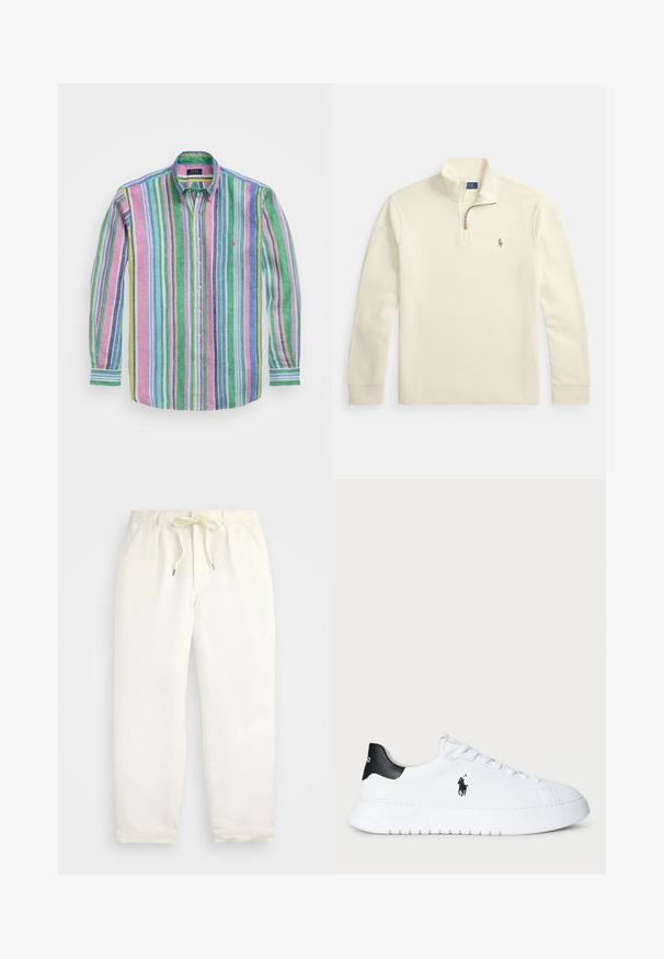 Μπεζ μακρυμάνικο πουλόβερ με φερμουάρ τεταρτημόριου και μικρό κεντητό λογότυπο παίκτη πόλο στο αριστερό στήθος.; Πολύχρωμο πουκάμισο με ελαφρύ ύφασμα. Περιέχει κατακόρυφες ρίγες σε πράσινο, ροζ, μωβ, μπλε και κίτρινο, με γιακά που κουμπώνει.; Απαλή κρέμα, χαλαρές παντελόνες φτιαγμένες από μαλακό ύφασμα. Διαθέτουν ελαστική μέση με κορδόνι, και σχέδιο κωνικού ποδιού.; Λευκό χαμηλό αθλητικό παπούτσι με μαύρη ταμπέλα στην πτέρνα και μαύρο λογότυπο Polo Ralph Lauren στο πλάι, με λευκές κορδόνες και χοντρή καουτσούκ σόλα.