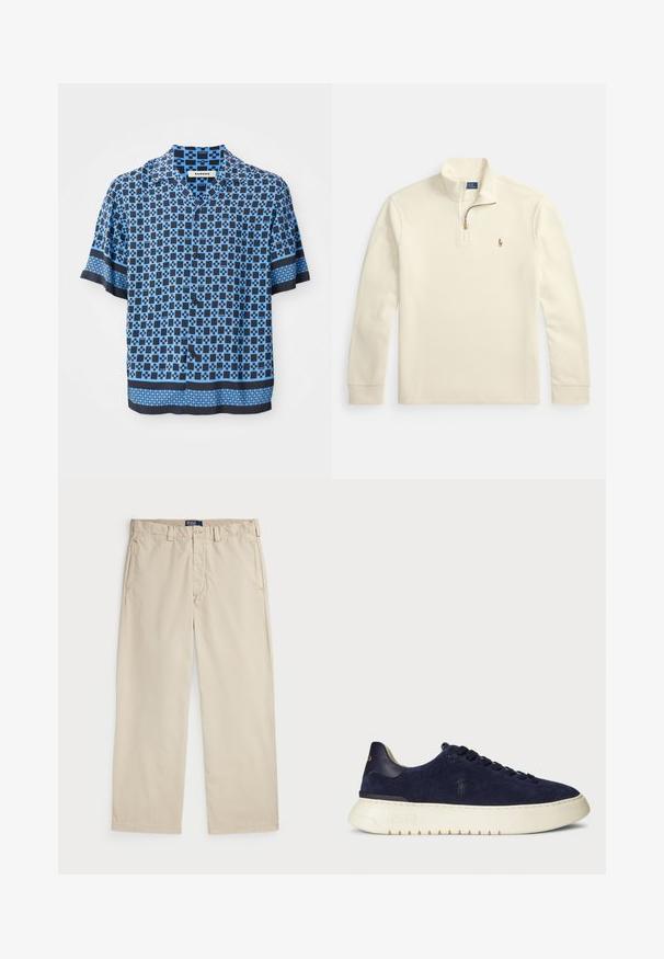 Langarmtrui in roomkleur met een kwart-ritssluiting en klein geborduurd polospelerlogo op de linkerborst.; Korte mouwen overhemd met knopen in blauw en marineblauw, met een geometrisch patroon. Gemaakt van lichte stof met een ontspannen pasvorm en een vlakke kraag.; Beige katoenen chinos met een recht gesneden ontwerp, voorzien van een knoopsluiting en twee voorzakken. Glad textuur en effen kleur.; Marineblauwe suède lage sneaker met een textuur, rubberen zool en tonale veters, met een klein logo aan de zijkant en op de hiel.