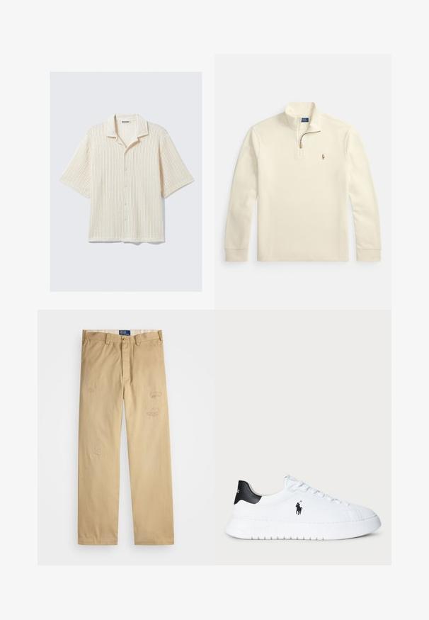Cream-colored long sleeve pullover with quarter-zip and small embroidered polo player logo on the left chest.; Short-sleeve button-up shirt in cream with a ribbed texture. Features a folded collar and five front buttons. Casual design.; Beige cotton pants with a straight cut. Features distressed patches and embroidery details on the front. Classic button and zipper closure.; White low-top sneaker with black heel tab and black Polo Ralph Lauren logo on side, featuring white laces and thick rubber sole.
