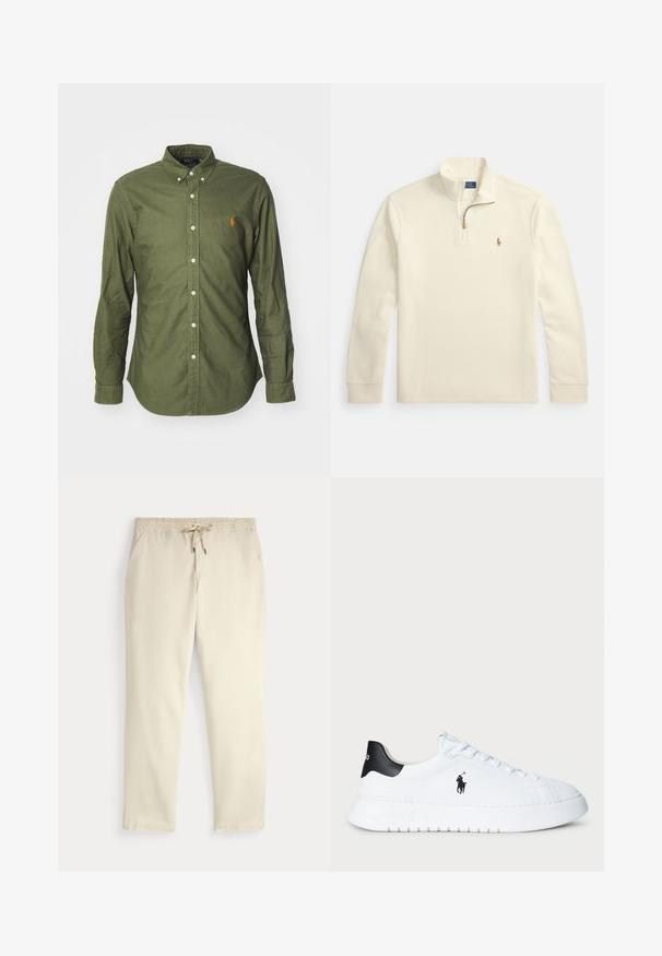 Camisola de manga comprida cor creme com fecho de correr até um quarto do comprimento e pequeno logótipo bordado de jogador de polo no lado esquerdo do peito.; Camisa em verde oliva, com botões, feita de tecido de algodão, apresentando um colarinho clássico, mangas longas e um logótipo bordado em laranja no peito.; Calças casuais off-white com cintura elástica e cordão, pernas retas e bolsos laterais, contra um fundo liso.; Sapatilhas brancas de cano baixo com tabuleiro de calcanhar preto e logótipo da Polo Ralph Lauren em preto na lateral, apresentando atacadores brancos e sola de borracha grossa.