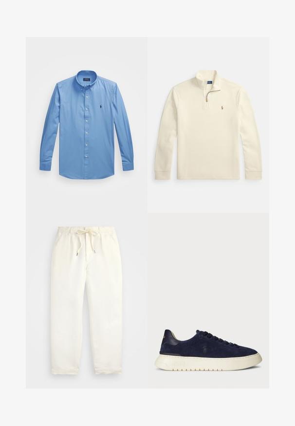 Kreminės spalvos ilgomis rankovėmis megztinis su ketvirčio užtrauktuku ir mažu siuvinėtu polo žaidėjo logotipu kairiajame krūtinės plote.; Polo Ralph Lauren SLIM FIT STRETCH POPLIN SHIRT - Marškiniai - harbor island blue; Šviesiai kreminės spalvos, laisvalaikio kelnės iš minkštos medžiagos. Turi elastinį juosmenį su raišteliais ir siaurėjantį kojų dizainą.; Tamsiai mėlyni jovimo odos žemi sportbačiai su tekstūruotu paviršiumi, guma padais ir tonuotais raišteliais, su mažu logotipu šone ir ant kulno.