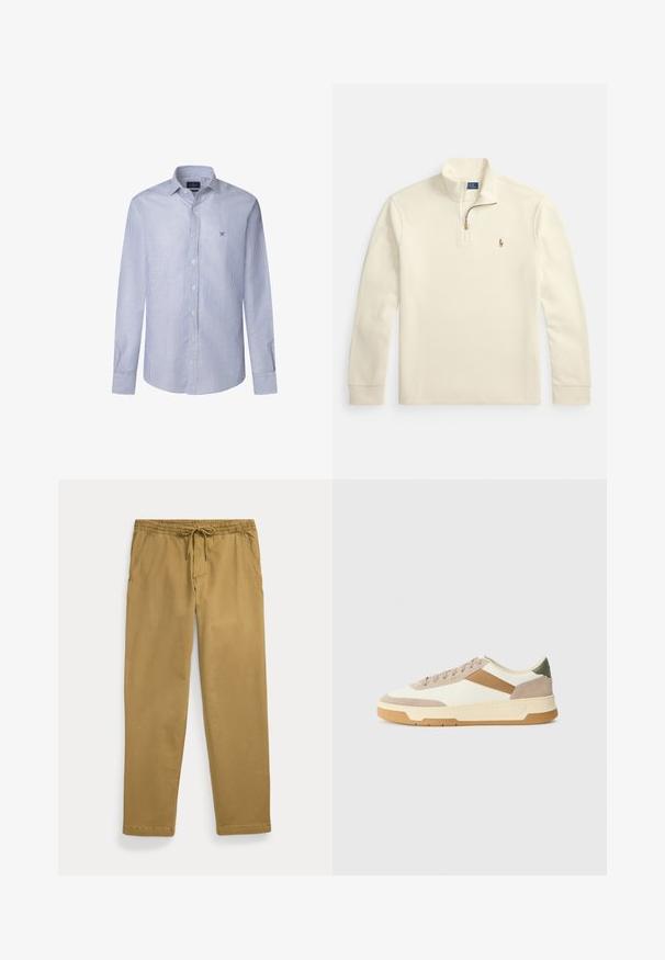 Kremfarget genser med lange ermer, kvart-glidelås og liten brodert logo av en polo-spiller på venstre bryst.; Stripet langermet skjorte i lyseblå og hvit bomull, med krage som kan kneppes ned og en liten brodert logo på brystet.; Khaki rettslinjede bukser med elastisk midjebånd og snøring foran, med skrå frontlommer og stitchede sømmer.; Sneakers i beige, krem og oliven grønn, med semsket skinn og lærmaterialer, rund tå, minimalistisk design og gummisåle.