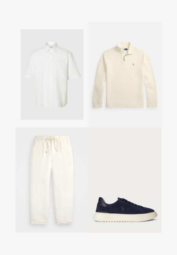 Kreminės spalvos ilgomis rankovėmis megztinis su ketvirčio užtrauktuku ir mažu siuvinėtu polo žaidėjo logotipu kairiajame krūtinės plote.; Trumpas baltas marškinys pagamintas iš lengvos medžiagos, turi smaigalį apykaklę, sagčių priekinį užsegimą ir krūtinės kišenę.; Šviesiai kreminės spalvos, laisvalaikio kelnės iš minkštos medžiagos. Turi elastinį juosmenį su raišteliais ir siaurėjantį kojų dizainą.; Tamsiai mėlyni jovimo odos žemi sportbačiai su tekstūruotu paviršiumi, guma padais ir tonuotais raišteliais, su mažu logotipu šone ir ant kulno.