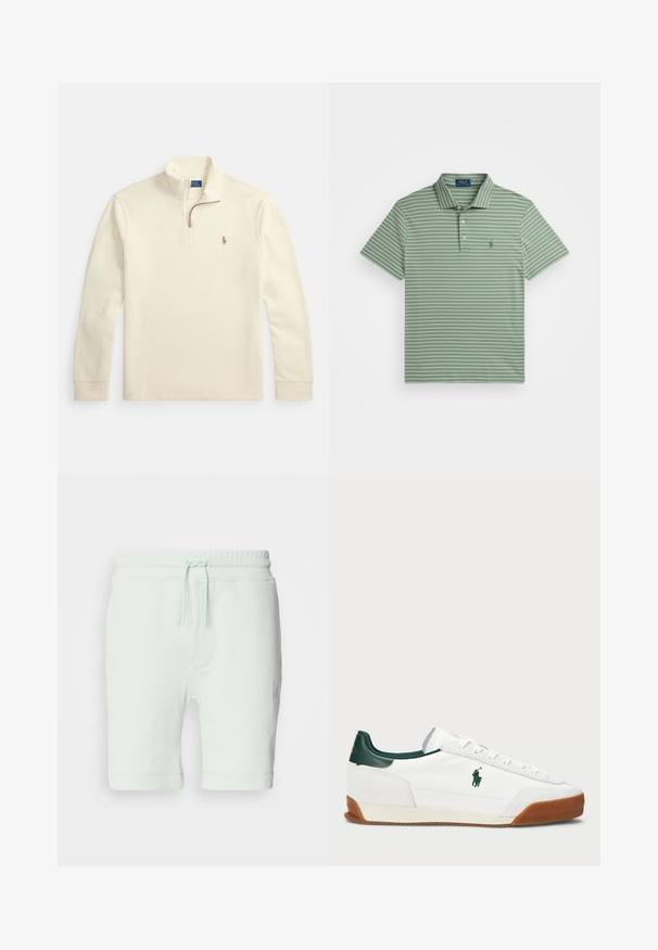 Kremfarget genser med lange ermer, kvart-glidelås og liten brodert logo av en polo-spiller på venstre bryst.; Grønn polo-skjorte med hvite striper, korte ermer og en tre-knappers krav. Har en liten logo på venstre bryst. Tekstur av bomullsblanding.; Lys mintgrønne bomullsshorts med strikk i livet, justerbar snøring, sidelommer og logodetalj på høyre ben.; Hvite sneakers med grønne lærdetaljer og en tan gummisåle. Har en stoffoverdel og en fremtredende logo på siden. Snøring.