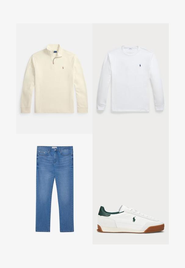 Krém színű, hosszú ujjú pulóver negyedes cipzárral és kis hímzett polo játékos logóval a bal mellkason.; Hosszúujjú fehér póló, 100% pamutból készült, kerek nyakkivágással és kis sötétkék logóval a bal mellen. Simább textúra, egyszerű dizájn.; Világoskék farmernadrág, egyenes szabású, öt zsebes kialakítású, finoman kopott, fém részletekkel a deréknál és a zsebeknél.; Fehér sneaker zöld bőr részletekkel és homokszínű gumitalppal. Textilből készült, oldalt kiemelkedő logóval. Fűzős kialakítás.