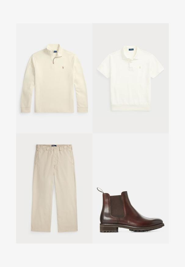 Pulover cu mânecă lungă de culoare crem, cu fermoar de un sfert și micul logo brodat al unui jucător de polo pe pieptul stâng.; Polo Ralph Lauren LOOPBACK FLEECE POLO-COLLAR SWEATSHIRT - Bluză polo - clubhouse cream; Chino din bumbac bej, cu un design drept, având clapetă cu buton și două buzunare frontale. Textură netedă și culoare solidă.; Botine Chelsea din piele maro, cu panouri laterale elastice, tab de tragere și talpă din cauciuc texturat. Finisaj neted, cu toc joasă robust.