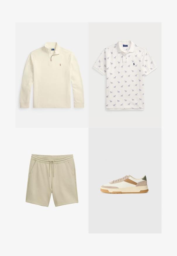 Kermanvärinen pitkähihainen pusero, jossa neljänneksen vetoketju ja vasemmassa rinnassa pieni kirjailtu polo-pelaajan logo.; Valkoinen polo-paita, joka on valmistettu puuvillasta ja jossa on toistuva sininen koirakuosi sekä pieni sininen logo rinnassa. Lyhyet hihat ja kaulus.; TOM TAILOR DENIM Verryttelyhousut - beige abbey stone; Tennarit beigen, kermanvärisen ja oliivinvihreän sävyissä, joissa on mokkanahkaa ja nahkaa, pyöreä kärki, minimalinen muotoilu sekä kumipohja.