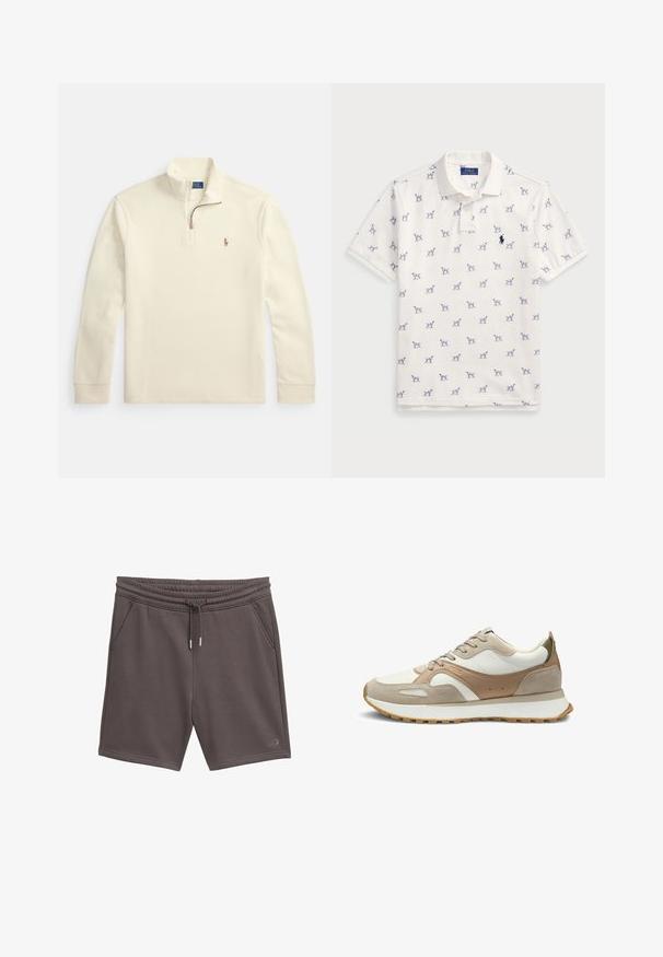 Cream-colored long sleeve pullover with quarter-zip and small embroidered polo player logo on the left chest.; White polo shirt made of cotton, featuring a repeated blue dog pattern and a small blue logo on the chest. Short sleeves and collar.; Gray cotton blend shorts with an elastic waistband, drawstring, two side pockets, and a small logo on the front left hem.; Beige and white sneaker with a mix of smooth leather and suede. Features a textured surface, rounded toe, and a rubber outsole with grip.