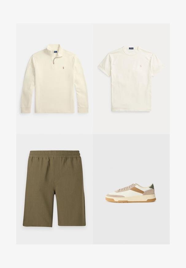 Μπεζ μακρυμάνικο πουλόβερ με φερμουάρ τεταρτημόριου και μικρό κεντητό λογότυπο παίκτη πόλο στο αριστερό στήθος.; Μπεζ βαμβακερό μπλουζάκι με κοντά μανίκια. Διαθέτει διακριτικό κεντημένο λογότυπο στο αριστερό στήθος και λαιμόκοψη στρογγυλή.; Samsøe Samsøe SMITH - Σορτς - four leaf clover; Αθλητικά παπούτσια σε μπεζ, κρεμ και ελαιοπράσινο χρώμα, κατασκευασμένα από σουέτ και δέρμα, με στρογγυλή μύτη, μινιμαλιστικό σχέδιο και καουτσούκ σόλα.