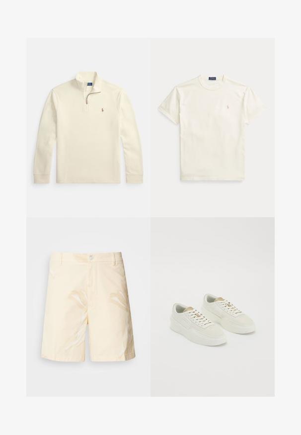 Kreemivärvi pikkade varrukatega pullover, millel on veerandi tõmblukk ja väike vasakul rinnal tikitud polomängija logo.; Kreemja värvi puuvillane lühikeste varrukatega T-särk. Vasakul rinnal on peenelt tikitud logo ja ümara kaelusega.; Helekuldsed puuvillased lühikesed püksid lillekirjaga. Omavad nööbisuletust, esipockets'it ja sirget lõiget hemmed servadega.; Kaks erinevat värvi kergeid madalaid esiletoodud sneekereid, beige aktsentide ja paksude tallatega, valged nöörid neutraalsel valgel taustal.