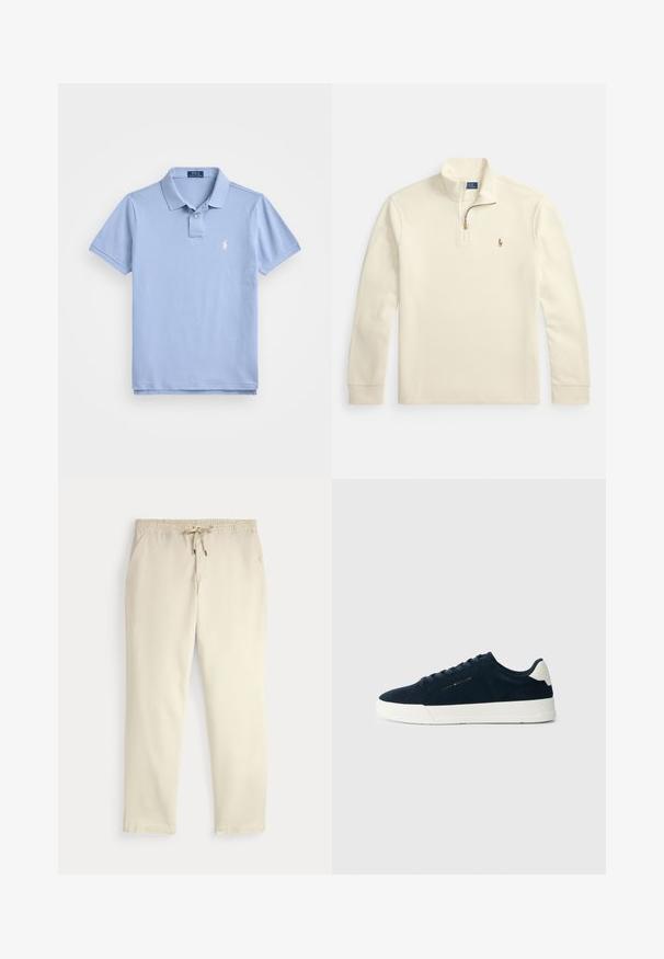Kremfarget genser med lange ermer, kvart-glidelås og liten brodert logo av en polo-spiller på venstre bryst.; Polo Ralph Lauren THE ICONIC MESH POLO SHIRT - Poloskjorter - vessel blue; Off-white kosebukser med elastisk midje og snor, rette ben og sidelommer mot en ensfarget bakgrunn.; Navy semsket sko med hvit gummisåle, rund tå og kontrastfarget hælflik; har tonede snører og en logodetalj på siden.