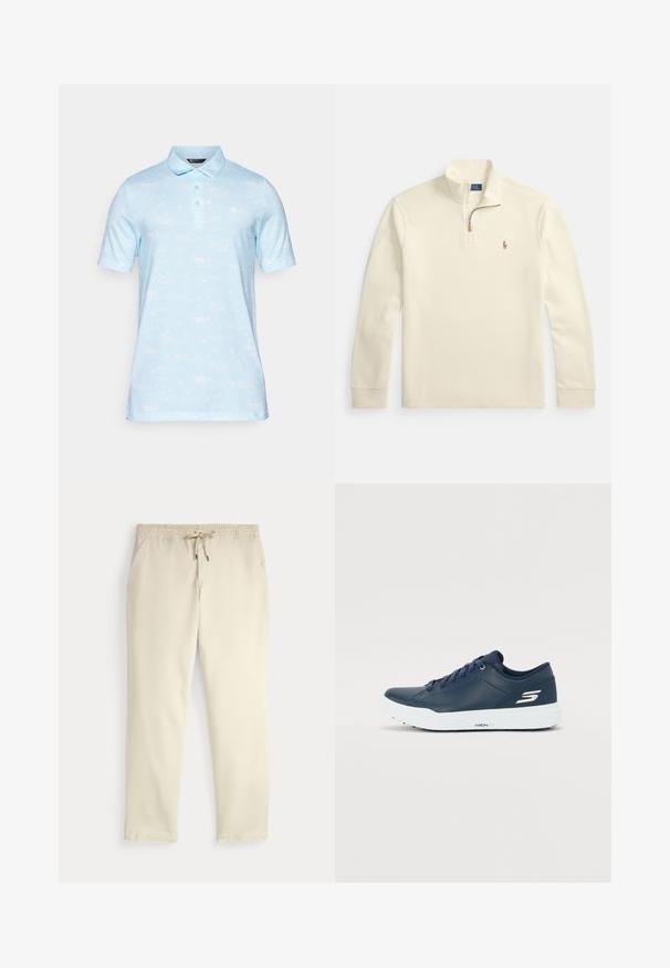 Krēmkrāsas garām piedurknēm pulovers ar ceturkšņa rāvējslēdzēju un mazu izšūtu polo spēlētāja logotipu kreisajā krūšu daļā.; Gai zils īsām piedurknēm polo krekls ar apkakles izgriezumu, kurā ir smalka kuģu un palmu rakstu. Mīksta auduma tekstūra.; Off-white ikdienas bikses ar elastīgu jostu un auklu, taisnām kājām un sānu kabatām uz vienkārša fona.; Tumši zila kedu ar gludu sintētisku virsu, mīkstu apkaklīti un baltu zoli. Funkcijas ietver logotipu sānos un plakanas šnūras drošai piegulšanai.