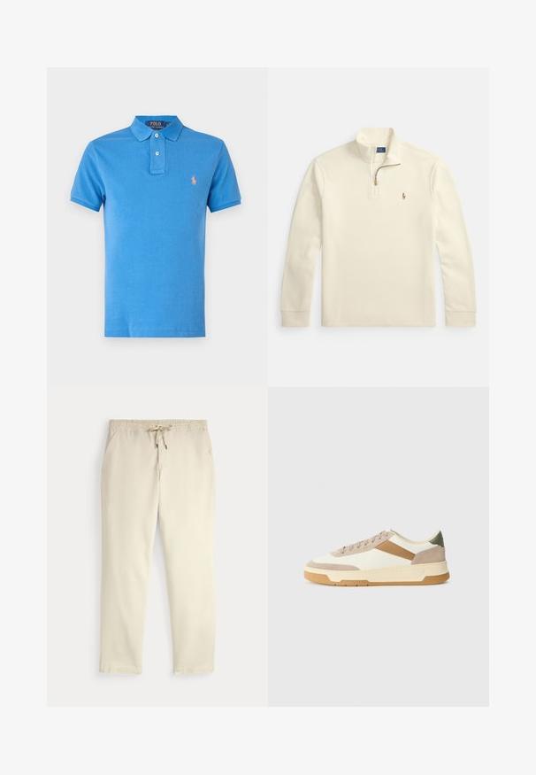 Kremfarget genser med lange ermer, kvart-glidelås og liten brodert logo av en polo-spiller på venstre bryst.; Polo skjorte i lyseblå bomull med kragesnitt, korte ermer og en liten brodert logo i kontrastfarge oransje på brystet.; Off-white kosebukser med elastisk midje og snor, rette ben og sidelommer mot en ensfarget bakgrunn.; Sneakers i beige, krem og oliven grønn, med semsket skinn og lærmaterialer, rund tå, minimalistisk design og gummisåle.