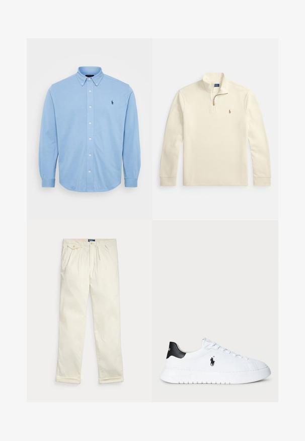 Pulover dolgega rokava barve smetane z zadrgo do četrtine in majhno vezeno logotipom igralca polo na levi strani prsnega koša.; Svijetlopliva dugorukavna košulja od pamuka s kragnom koja se dugmadima zakopčava i malim izvezenim logotipom na prsima.; Kremasto obarvane hlače iz korduroja z gubami, stranskimi žepi, gumbnim žepom z zaskočno sponko in zloženimi manšetami, položene ravno na belem ozadju.; Bela nizka športna obutev s črnim petnim delom in črnim logotipom Polo Ralph Lauren na strani, z belimi vezalkami in debelim gumijastim podplatom.