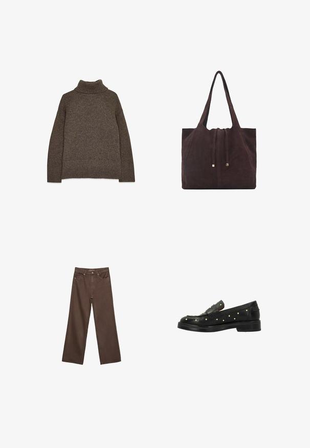 Brown knitted turtleneck sweater featuring a ribbed hem and cuffs, with a loose fit and textured fabric for added warmth.; Wide-leg brown jeans made of denim, featuring a high waist, front pockets, and a classic button closure. Smooth texture with subtle stitching.; Black leather loafers with studded accents, featuring a low heel and a woven design on the upper, smooth texture, and a rounded toe.; Mango Tote bag - dark brown