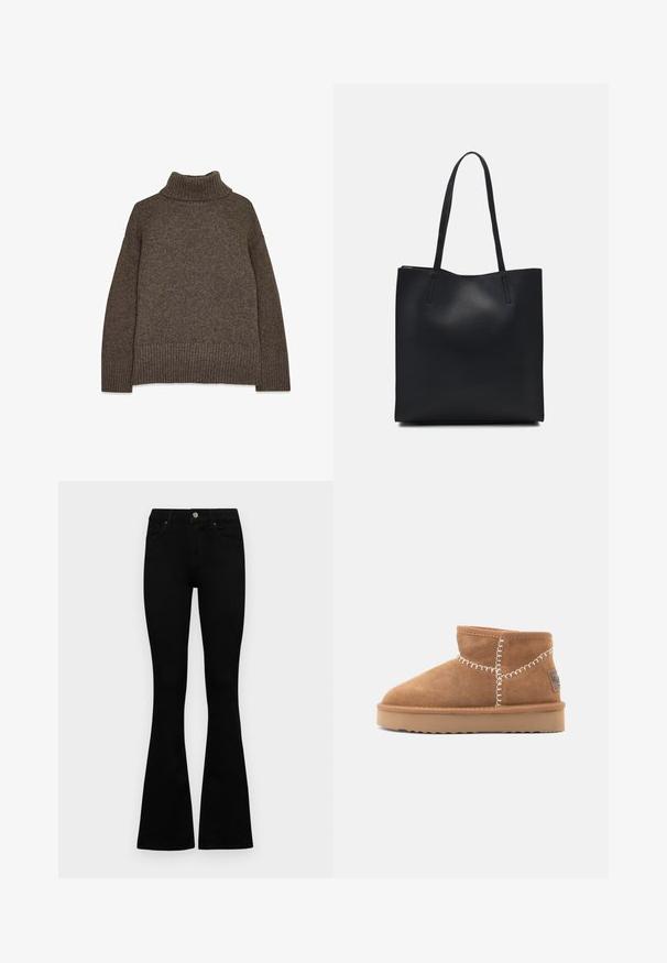 Pruun kudumiga kõrge kaelusega sviiter, millel on soonikust äär ja mansetid, vaba lõige ja tekstuuriga kangas lisasoojustamiseks.; Mustad kõrge vöökohtadega teksad, millel on nööp ja lukuga sulgemine, esikäe taskud ja laienevad sääred, asetatud tasasele valgele taustale.; Pruunist seemisust jalaotsast ainenud saapad, ümarate varvastega, valge dekoratiivne tikand ning helepruun kummist tald, millel on zikk-zak mustriga tallapind.; Mustast nahast kott sujuva tekstuuriga, ristkülikukujuline ja kahe pika sangaga. Pole nähtavat riistvara ega kaunistusi.