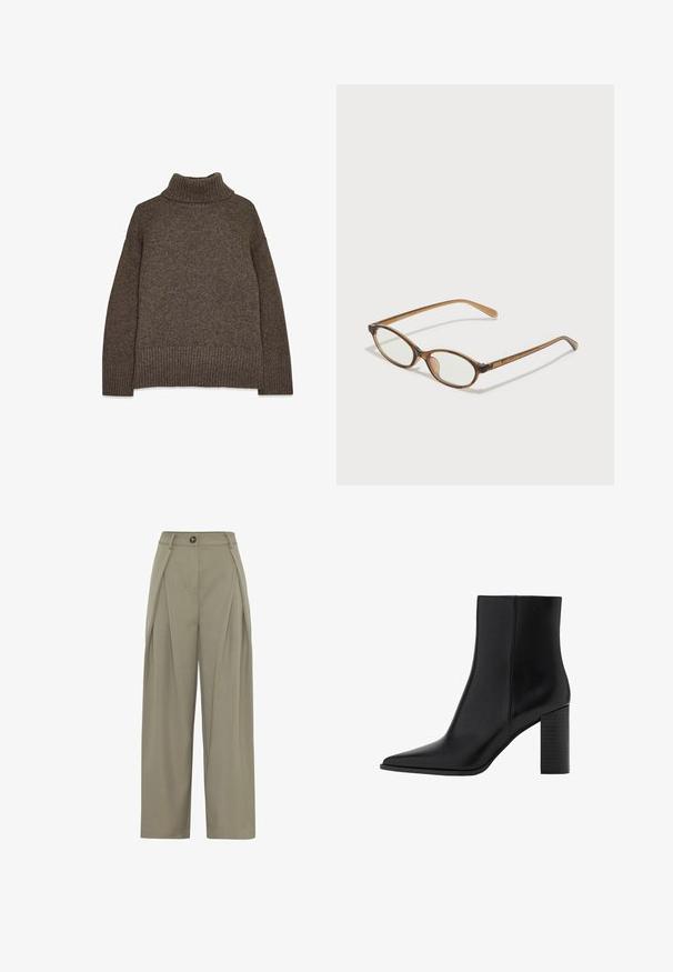 Pull col roulé tricoté marron avec un ourlet et des poignets côtelés, à coupe ample et en tissu texturé pour plus de chaleur.; Moves LAURO - Pantalon classique - fossil; Botte chelsea en cuir noir avec un bout pointu, un talon carré, une texture lisse et des détails de couture le long des coutures. Les talons mesurent environ 8,9 cm.; Lunettes en écaille de tortue marron avec des verres ovales, des branches fines et des accents transparents. Présente un logo subtil sur la branche. Design élégant et léger.; DRAGON DIFFUSION SANTA CROCE BIG - Sac à main - dark brown