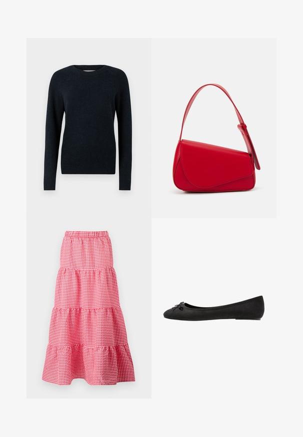 Maglione blu navy scuro con scollo tondo, maniche lunghe e una finitura morbida e testurizzata. Design semplice senza motivi o decorazioni.; Gonna a balze a righe rosse e bianche con vita elasticizzata e orlo arricciato, composta da tre strati arricciati. Materiale in cotone.; Ballerine in suede nero con punta arrotondata, caratterizzate da un fiocco decorativo sulla parte anteriore e un design a suola piatta. Texture liscia e forma classica.; Borsa a tracolla in pelle rossa con un design angolare e geometrico. Presenta una singola tracolla regolabile e una chiusura a patta con dettagli cuciti.