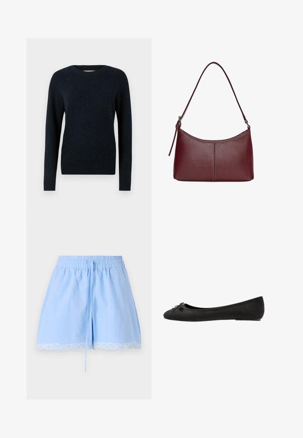 Dunkelblauer Pullover mit Rundhalsausschnitt, langen Ärmeln und einer weichen, strukturierten Oberfläche. Schlichtes Design ohne Muster oder Verzierungen.; Himmelblaue Baumwollshorts mit einem gerafften Taillenbund, Kordelzugdetails und einer weißen Spitzenkante am Saum. Weicher Stoff und entspannter Schnitt.; Schwarze Wildleder-Balletschuhe mit abgerundeter Spitze, ausgestattet mit einer dekorativen Schleife vorne und einem flachen Sohlen-Design. Glatte Textur und klassisches Format.; Bordeauxfarbene Ledertasche mit geschwungener Form, einem einzigen Schulterriemen und gesteppten Details in der Mitte. Glatte Textur, minimales Zubehör.
