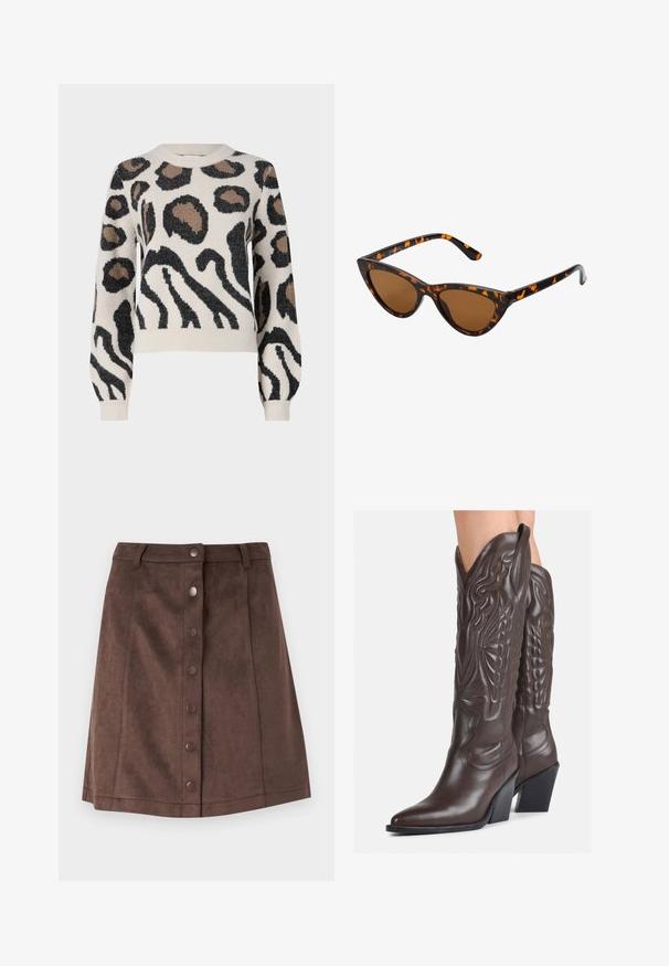 JDY LORRAINE - Svetrík - cement; ONLY ONLINA SUEDE BUTTON SKIRT - Minisukňa - chocolate brown; Hnedé kožené kovbojské topánky s špicatou špičkou a blokovým podrážkou, so zložitým prešívaním a vyvýšenými akcentmi na puzdre.; Mačacie slnečné okuliare s čiernym a oranžovým želvovinovým rámom, hnedými sklami a elegantnými, špicatými koncami. Obsahujú minimalistické logo na spánku.