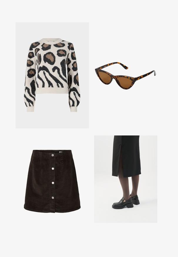 JDY LORRAINE - Maglione - cement; Gonna A-line in velluto a coste marrone scuro con cinque bottoni a pressione argentati sul davanti e un leggero svaso all'orlo.; Scarpe in pelle nera con punta arrotondata, tacco spesso a blocco e accenti laterali in elastico, abbinate a collant scuri e una gonna nera con uno spacco.; Occhiali da sole cat-eye con una montatura tartarugata nera e arancione, lenti marroni e punte affusolate e eleganti. Presentano un logo minimale sulla asta.