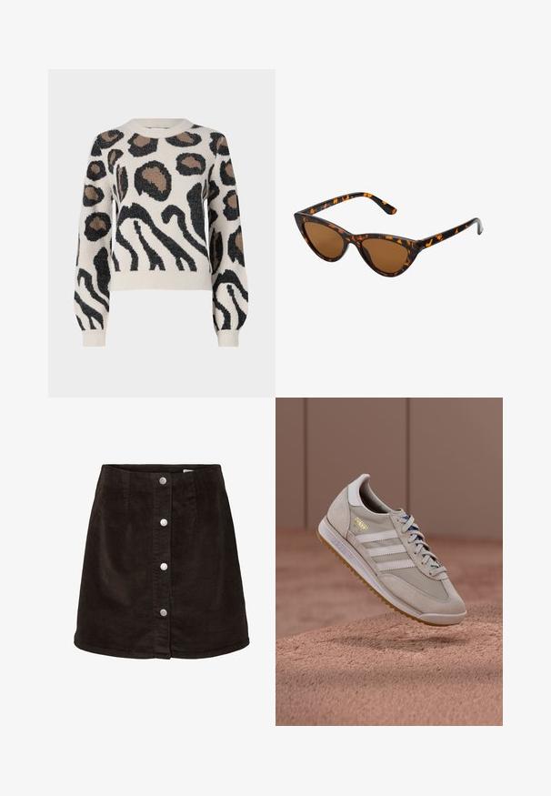 JDY LORRAINE - Vesta - cement; Tamno smeđa kordna A-linija suknja s pet srebrnih dugmadi duž prednje strane i blagim izbačenjem na rubu.; Bež tenisice s gornjim dijelom od brušene kože i mrežaste tkanine, bijele tri pruge, đon od gumenog materijala boje gume, plave vezice i zlatni detalj logotipa. Klasični retro dizajn.; Sunglasses u obliku mačjih očiju s okvirom u crno-narančastom kornjačevom uzorku, smešnim lećama i elegatnim, šiljastim vrhovima. Sadrži minimalni logo na dršci.