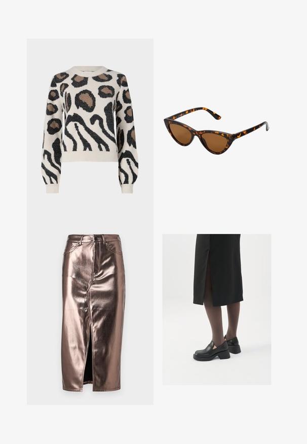 JDY LORRAINE - Strikkegenser - cement; Metallic bronsefarget midi-skjørt med en frontslitt, som har en klassisk denim-kutt, fem lommer og knappelukking i midjen.; Sorte lærersko med rund tå, tykk blokkheel og elastiske sideaksenter, sammen med mørke strømpebukser og et svart skjørt med splitt.; Kattøye solbriller med en svart og oransje skjellramme, brune linser og elegante, spisse tupper. Har en minimalistisk logo på stangen.