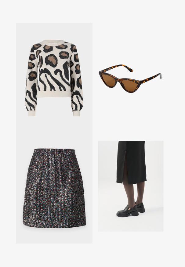 JDY LORRAINE - Džemper - cement; Must mustriba, mis on kaunistatud väikeste, värviliste litteritega, elastse vöökohtaga, siledast tekstuurist ja sirge siluetiga.; Mustad mustad jalatsid ümmarguse varbaga, paksu plokkniidi ja elastsete külgdetailidega, kombineeritud tumedate sukkade ja musta lõhikuga seelikuga.; Kassi vormiga prillid musta ja oranži kilpkonnakujulise raami, pruunide läätsede ja elegantsete teravate otstega. Templi juures on minimaalne logo.; Hõbedased rõngastikkaehingad minimalistlikus disainis. Ümar kuju, sile tekstuur ja õhuke profiil. Kerged ning poleeritud viimistlusega.