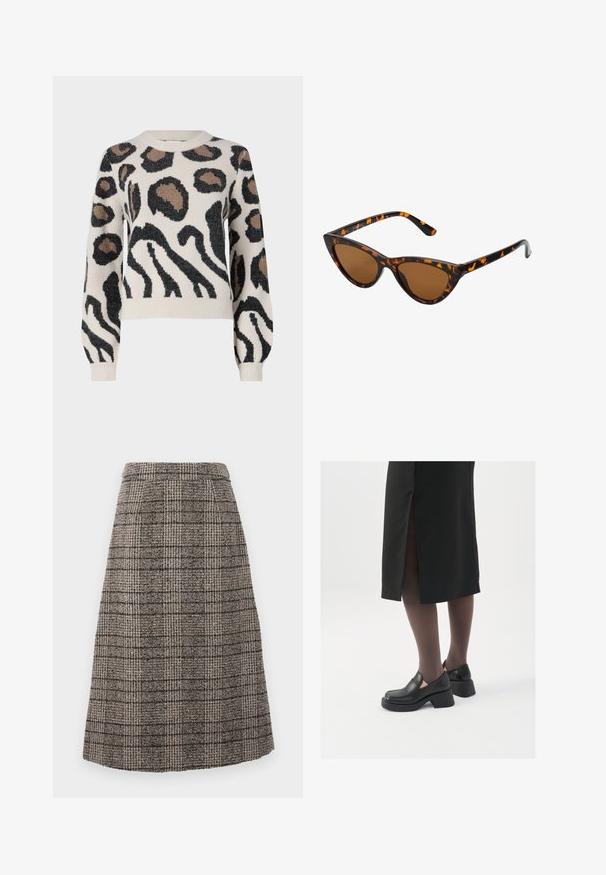 JDY LORRAINE - Strikkegenser - cement; Penne skjørt i ullblanding med et brunt og grått rutemønster, strukturert design og en ren finish ved kanten.; Sorte lærersko med rund tå, tykk blokkheel og elastiske sideaksenter, sammen med mørke strømpebukser og et svart skjørt med splitt.; Kattøye solbriller med en svart og oransje skjellramme, brune linser og elegante, spisse tupper. Har en minimalistisk logo på stangen.