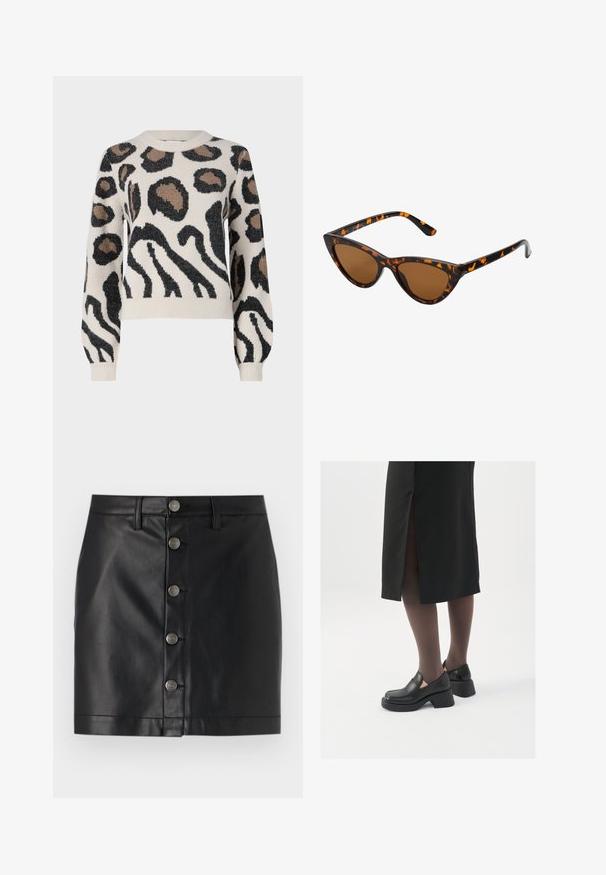 JDY LORRAINE - Džemper - cement; Must värviline nahkne seelik sobiva disainiga, millel on ees viis hõbedast metall-nööpi ja sirge alläär. Sujuv tekstuur.; Mustad mustad jalatsid ümmarguse varbaga, paksu plokkniidi ja elastsete külgdetailidega, kombineeritud tumedate sukkade ja musta lõhikuga seelikuga.; Kassi vormiga prillid musta ja oranži kilpkonnakujulise raami, pruunide läätsede ja elegantsete teravate otstega. Templi juures on minimaalne logo.