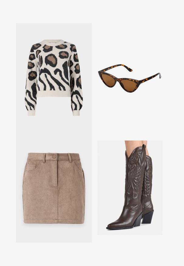 JDY LORRAINE - Trui - cement; Bruine, suède mini-jurk met een rechte snit, voorknopsluiting, vijf zakken en riemlussen; zachte textuur en gladde oppervlakte.; Bruine leren cowboylaarzen met een spitse neus en blokhak, voorzien van gedetailleerde stiksels en verhoogde accenten op de schacht.; Cat-eye zonnebril met een zwart en oranje schildpadframe, bruine lenzen en slanke, puntige uiteinden. Bevat een minimalistisch logo op de poot.