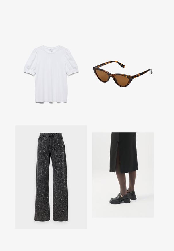 JDY LORRAINE - Svetr - cement; Bílý krátký top s kulatým výstřihem a nabíranými rukávy. Vyroben z hladkého materiálu, s visačkou označenou "AWARE."; Noisy May NMJANNEL LOOSE - Džíny Relaxed Fit - black denim; Černé kožené boty s kulatou špičkou, silným blokovým podpatkem a elastickými bočními akcenty, spárované s tmavými punčochami a černou sukní se rozparkem.; Sluneční brýle ve stylu kočičích očí s černo-oranžovým želvovinovým rámem, hnědými skly a elegantními, špičatými konci. Obsahují minimalistické logo na straně.