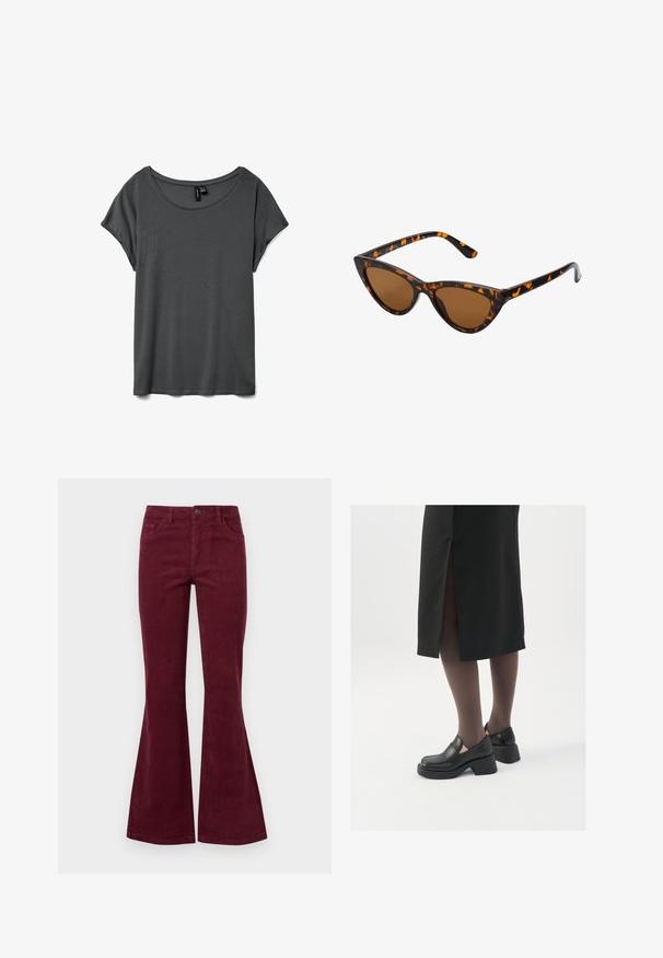 JDY LORRAINE - Pulover - cement; Siv majica s kratkimi rokavi z širokim okroglim izrezom, mehka tkanina in sproščen kroj. Brez vidnih vzorcev ali poudarkov. Gladka tekstura.; Burgundske kordurojske hlače s širokimi hlačnicami, petimi žepi, sprednjim zapiranjem na gumb in teksturirano tkanino. Široke noge se razširijo od kolena do roba.; Črne usnjene čevlje s zaobljenim prstom, debelim blokastim petama in elastičnimi stranskimi detajli, v kombinaciji s temno nogavicami in črno krilo z razporkom.; Mačje oči sončna očala z okvirom v črno-oranžni želvej ohišji, rjavimi lečami in elegantnimi, ostrimi konicami. Imajo minimalistični logo na ročaju.