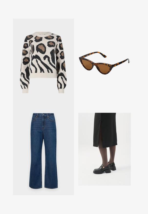 JDY LORRAINE - Striktrøje - cement; Blå denim jeans med høj talje, brede ben og orange sytråd. Har klassisk fem-lomme design og metal knaplukning.; Sorte lædersko med rund tå, kraftig blokhæl og elastiske sideaccentuer, parret med mørke strømpebukser og en sort nederdel med slids.; Kat-ejede solbriller med en sort og orange skildpaddemønstret stel, brune linser og slanke, spidse ender. Har et minimalistisk logo på skabelsen.