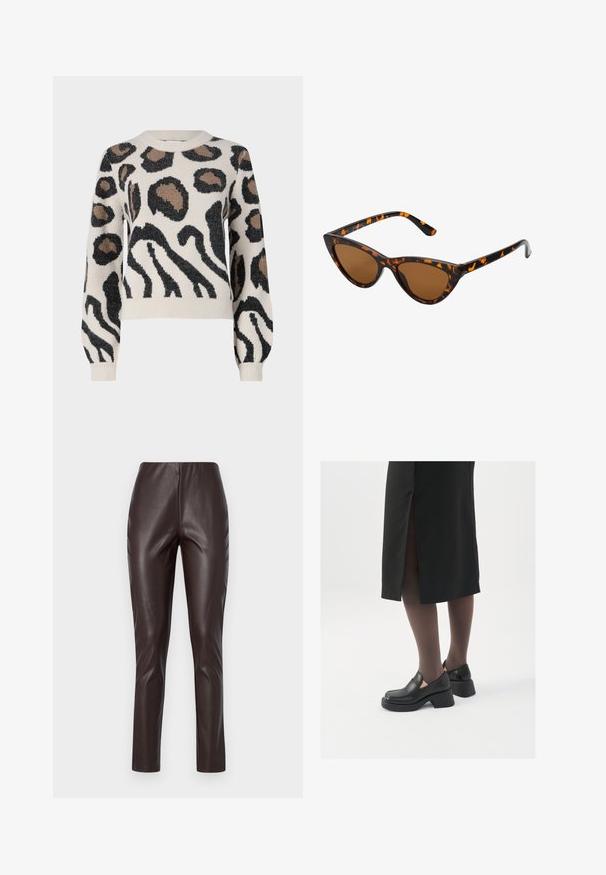 JDY LORRAINE - Pulover - cement; Leggings din piele ecologică maro cu o textură netedă, talie înaltă și croi îngust. Prezintă un design elegant fără cusături vizibile sau embellishements.; Pantofi din piele neagră cu vârful rotund, toc bloc gros și accente elastice pe lateral, asortați cu colanți închiși la culoare și o fustă neagră cu o fanta.; Ochelari de soare în stil cat-eye, cu o ramă din material cu tortoiseshell negru și portocalie, lentile maro și vârfuri elegante, ascuțite. Prezintă un logo minimal pe brățara ochelarilor.