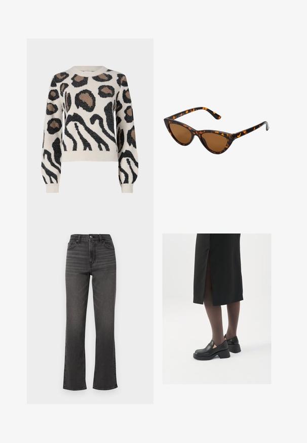 JDY LORRAINE - Džemper - cement; Kõrge vöökohaga sirged teksad tumedas hallis denimis, kerge kulumisega, ees taskud ja ühe nupuga sulgemine. Puhtad, minimalistlikud kujundus.; Mustad mustad jalatsid ümmarguse varbaga, paksu plokkniidi ja elastsete külgdetailidega, kombineeritud tumedate sukkade ja musta lõhikuga seelikuga.; Kassi vormiga prillid musta ja oranži kilpkonnakujulise raami, pruunide läätsede ja elegantsete teravate otstega. Templi juures on minimaalne logo.