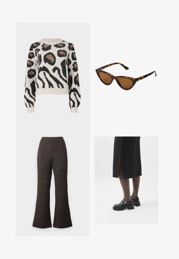 JDY LORRAINE - Džemperis - cement; Flared juodos kelnės, pagamintos iš tekstūruoto audinio su raštuota struktūra, su aukštu liemeniu ir plačiomis klešnėmis.; Juodos odinės bateliai su apvaliu nosiu, stora blokine pakulne ir elastingais šonais, derinami su tamsiomis pėdkelnėmis ir juoda sijonu su plyšiu.; Katės akies saulės akiniai su juodu ir oranžiniu šarvuotu rėmeliu, ruda objektyvu ir elegantiškais, smailiais galiukais. Rėmelyje yra minimalus logotipas ant šventės.