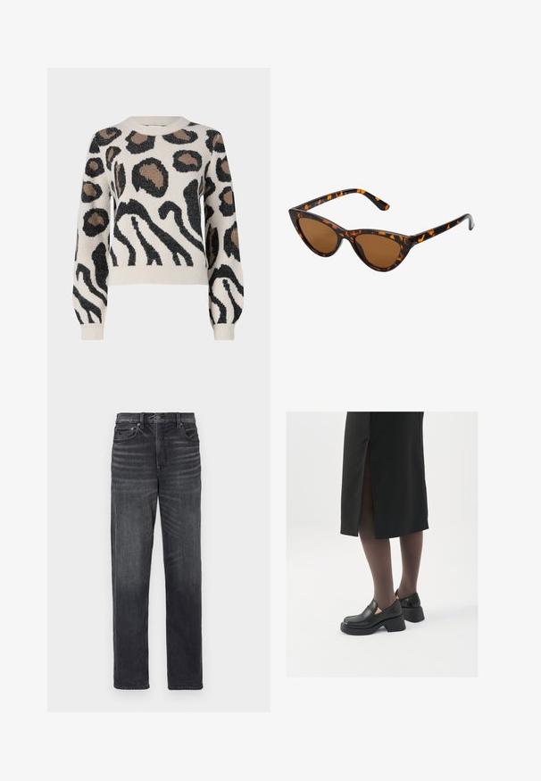 JDY LORRAINE - Camisola - cement; Calças de ganga pretas com um design de perna reta, apresentando bolsos frontais, fecho com botão e desvios subtis.; Sapatos de couro pretos com bico arredondado, salto bloco grosso e detalhes elásticos laterais, combinados com meias escuras e uma saia preta com uma abertura.; Óculos de sol estilo gato com uma armação em tartaruga preta e laranja, lentes castanhas e pontas elegantes e pontiagudas. Apresenta um logo minimalista na haste.