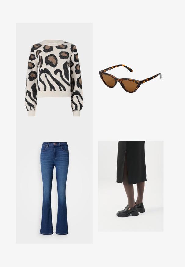 JDY LORRAINE - Maglione - cement; Jeans a vita alta a gamba larga in denim blu scuro, con design a cinque tasche, chiusura con bottone in metallo e leggera sbiaditura lungo le gambe.; Scarpe in pelle nera con punta arrotondata, tacco spesso a blocco e accenti laterali in elastico, abbinate a collant scuri e una gonna nera con uno spacco.; Occhiali da sole cat-eye con una montatura tartarugata nera e arancione, lenti marroni e punte affusolate e eleganti. Presentano un logo minimale sulla asta.