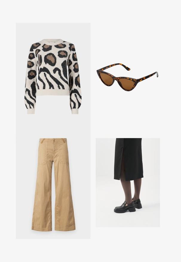 JDY LORRAINE - Svetr - cement; Beige široké kalhoty vyrobené z bavlny s dvěma předními kapsami, dvojitými knoflíky v pase a jednoduchým designem.; Černé kožené boty s kulatou špičkou, silným blokovým podpatkem a elastickými bočními akcenty, spárované s tmavými punčochami a černou sukní se rozparkem.; Sluneční brýle ve stylu kočičích očí s černo-oranžovým želvovinovým rámem, hnědými skly a elegantními, špičatými konci. Obsahují minimalistické logo na straně.