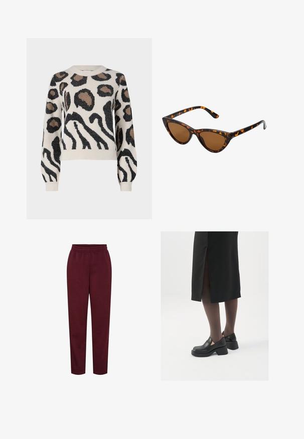 JDY LORRAINE - Jersey de punto - cement; Pantalones de chándal burdeos hechos de material suave, con una cinturilla elástica y piernas entalladas. Sin patrones visibles ni detalles de hardware.; Zapatos de piel negra con punta redondeada, tacón grueso y bloque, y acentos elásticos en los laterales, combinados con unos pantys oscuros y una falda negra con una abertura.; Gafas de sol estilo ojo de gato con montura de carey negra y naranja, lentes marrones y puntas elegantes y afiladas. Presenta un logo minimalista en la patilla.