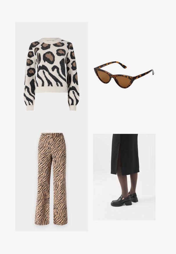 JDY LORRAINE - Džemper - cement; Laiad püksid tigeristriipe mustris pruunides ja mustades toonides, standardse vöökohaga ja viie taskuga disainiga.; Mustad mustad jalatsid ümmarguse varbaga, paksu plokkniidi ja elastsete külgdetailidega, kombineeritud tumedate sukkade ja musta lõhikuga seelikuga.; Kassi vormiga prillid musta ja oranži kilpkonnakujulise raami, pruunide läätsede ja elegantsete teravate otstega. Templi juures on minimaalne logo.