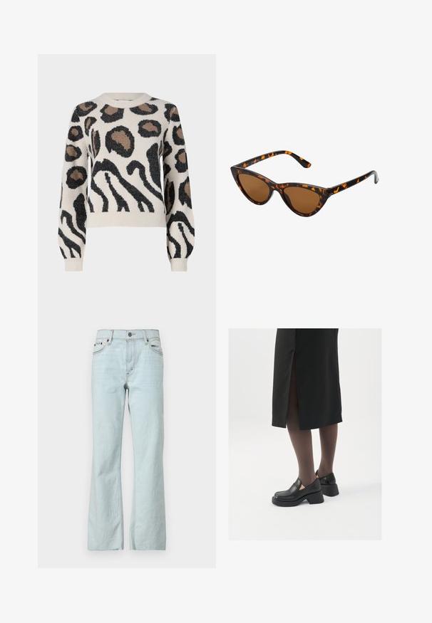 JDY LORRAINE - Strikkegenser - cement; Lyseblå denimjeans med utsvingt snitt, knappelukking, femlomme-design og subtil fading på stoffet. Rene, minimalistiske sømmer.; Sorte lærersko med rund tå, tykk blokkheel og elastiske sideaksenter, sammen med mørke strømpebukser og et svart skjørt med splitt.; Kattøye solbriller med en svart og oransje skjellramme, brune linser og elegante, spisse tupper. Har en minimalistisk logo på stangen.